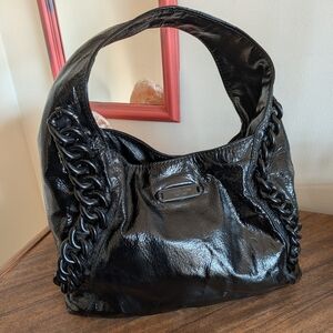 Michael Kors Black Patent Leather Chain Accent Hobo